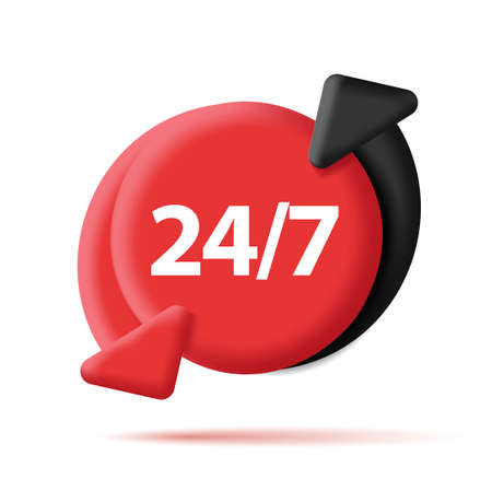Twenty four seven service or support badge, red 3d round shapes with black and red arrows in circle,...