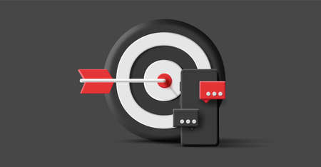3d render illustration of a big target board with arrow in the center with black smartphone with push messages pop from the screenのイラスト素材