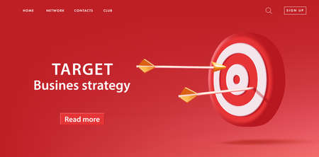 Marketing strategy web banner with 3d render target board with arrows on red backdrop