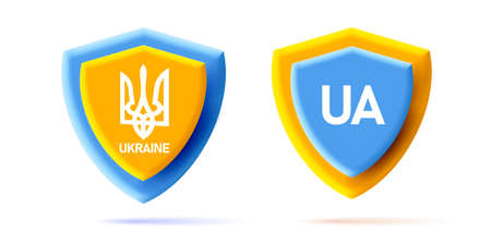 Shield icon for Arms of Ukraine, Shield and trident made of yellow and blue isolated digital emblemsのイラスト素材