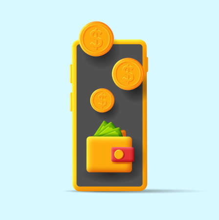 3d illustration of a smartphone with wallet and money banknotes and dollar coinsのイラスト素材