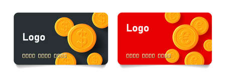 Set of credit cards template with dollar and euro golden coins on black and red backdrop. Vector illustration isolatedのイラスト素材