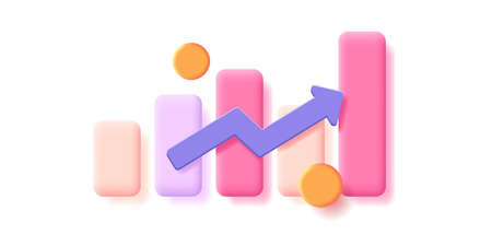 3d bar chart illustration with colored bars and increasing arrow with golden coinsのイラスト素材
