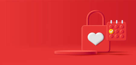 3d composition of red padlock with heart and calendar, with podium for your product or gift. vector...