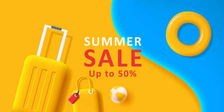 Summer sale discounts with sea and beach background with travel suitcase and swimming circle