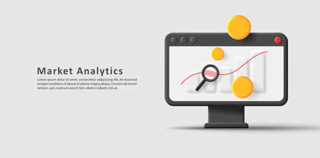 Digital 3d illustration of computer screen with bar chart and coins. vector illustrationのイラスト素材