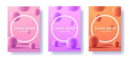 Set of posters for product promo with neon circle and 3d spheres. vector illustration