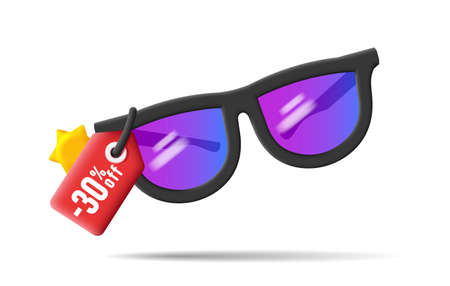 Web 3d icon of sunglasses with price tag and sun. vector illustrationのイラスト素材