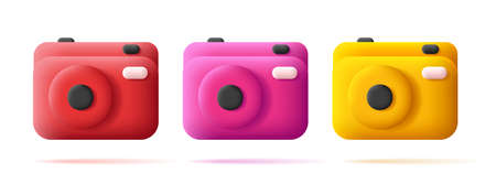 Set of 3d icons of retro photo camera with flash in different colors. vector illustrationのイラスト素材