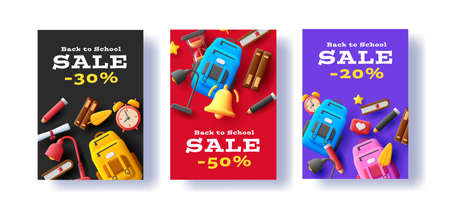 Back to school set of posters with education equipment for study 3d illustration