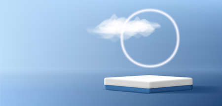 product showcase scene with square pedestal and neon circle with realistic cloudのイラスト素材