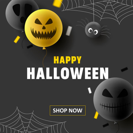 Halloween card with 3d balloons with scary faces and spidersのイラスト素材