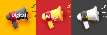 3d icon of megaphone with sound bolt, banner in different colorsのイラスト素材