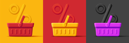 3d shopping basket illustration set with volume percent sign in different colorsのイラスト素材