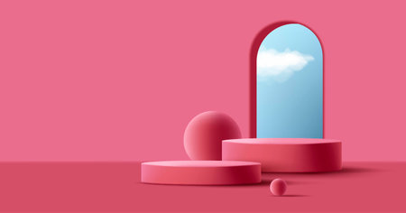 Product pedestal, cylinder 3d podium with arch window and sky, pink interior room, render illustrationのイラスト素材