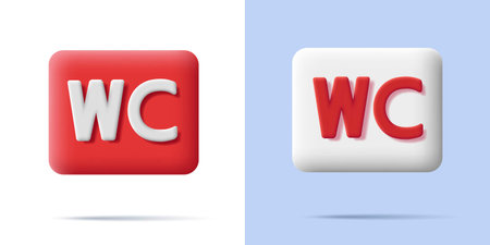 WC 3d sign, square with rounded coerners and letters in red and white colors, volume vector illustrationのイラスト素材