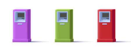 Colorfull ATM bank cash machine in different color, 3d illustration, isolatedのイラスト素材