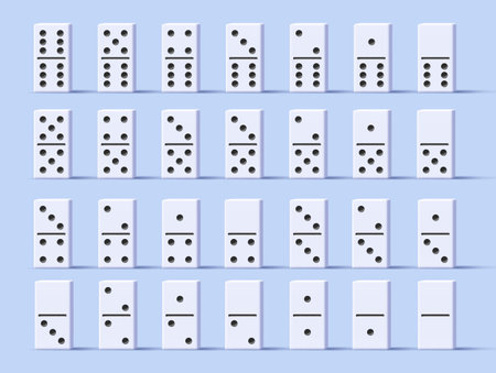 Domino Set Vector Realistic 3D bricks Illustration. white bones with black number dots, standing isolated render styleのイラスト素材