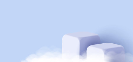 white square cubes product podium 3d illustration with fog or clouds, vector
