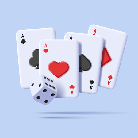 3d illustration of plaing cards, aces with dice cube, casino promo icon