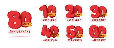 Anniversary 3d red numbers with ribbon, tens years company or birthday celebration labelのイラスト素材