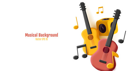 3d composition with classic guitar and notes and columns, isolatedのイラスト素材