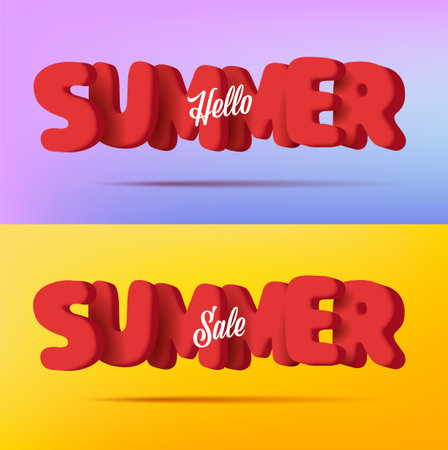 Hello summer lettering with 3d rounded red letters, render cartoon styleのイラスト素材