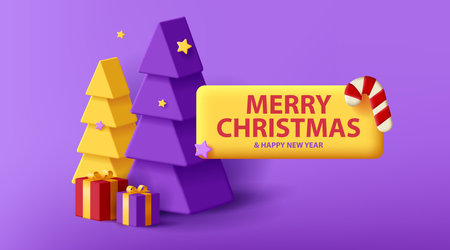 Merry Christmas postcard with 3d stylized Christmas Tree and gift boxes with stars and lettering with candy, render cartoon composition, graphic elementのイラスト素材