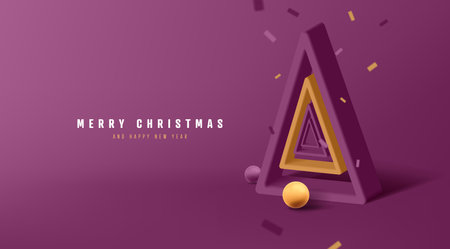 Merry Christmas greeting card with stylized Christmas tree as empty 3d render trianglesのイラスト素材