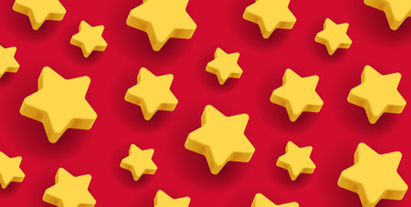 3d stars on red backdrop, render volume yellow golden shapesのイラスト素材
