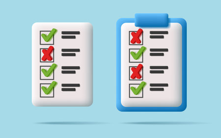 Checklist 3d icon with file and blue folder with paper and check marks and crosses, isolated illustrationのイラスト素材