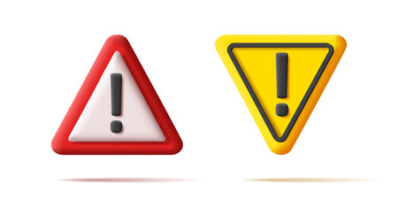 3d Red and yellow triangles warning sign with exlamation mark vector illustration.のイラスト素材