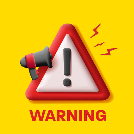 3d warning sign triangle with exclamation mark and loudspeaker iconのイラスト素材