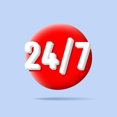 Service and support for customers. 24 hours a day and 7 days a week icon. Round volume shape,...