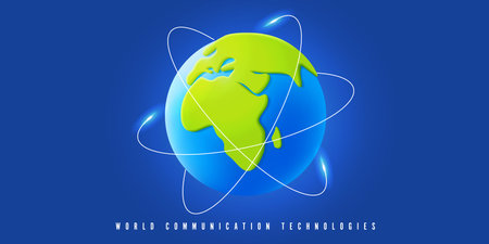Planet Earth 3d vector icon with orbit oval lines, communication technology banner, worldwide connectionのイラスト素材