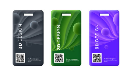 Abstract Green Smooth Wavy Id Card Design or business conference admission ticket with abstract wavy 3d fluid cover in three colorsのイラスト素材
