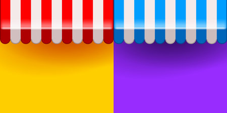 3d striped awning. Red and white and blue and white sunshade against the colourful wall. store retail illustrationのイラスト素材