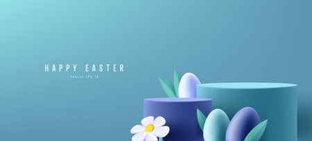Spring Easter podium, cylinder pedestal with white chamomile daisy flowers, colourful eggs and grass, render 3d graphicsのイラスト素材
