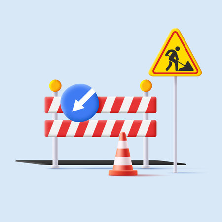 3d illustration od street road sign of reparation road works with detour and striped barrier with cone and lightsのイラスト素材