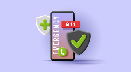 3d render illustration of a smartphone with emergency police number and call button with shield for protaction and medical helpのイラスト素材