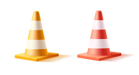 Vector 3d illustration of traffic cone, realistic cartoon style, striped plastic cone in red and yellow with white colorsのイラスト素材