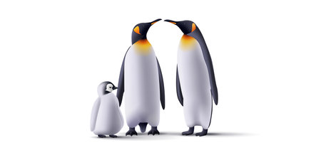 Family of Pinguins realistic 3d illustration. mum dad and baby animals, Arctic fauna wild animals isolated illustrationのイラスト素材