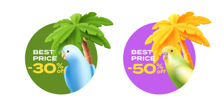 Set of labels with budgie parrot bird, tropical palm tree in circle shape, promo discounts, 3d cartoon illustrationのイラスト素材