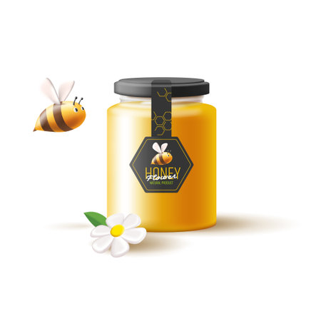 Honey glass jar 3d illustration with bee and white flower, brand packaging, promo bannerのイラスト素材