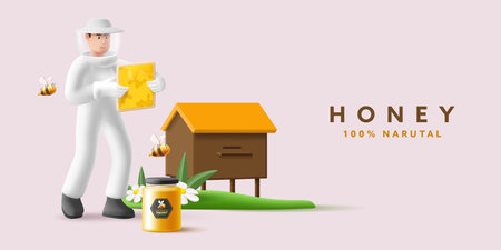 3d render illustration of beekeeper taking honeycombs from beehive, honey jar and bees flying on green grass with flowersのイラスト素材