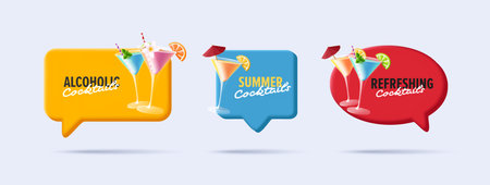 Speech bubbles with summer cocktail party 3D margarita cocktails, set of rounded shapes with pointer, digital iconのイラスト素材