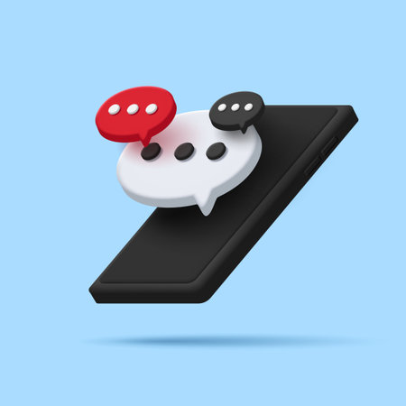 Speech, dialogue bubbles in perspective poping up from a black smartphone, 3d render rounded iconのイラスト素材