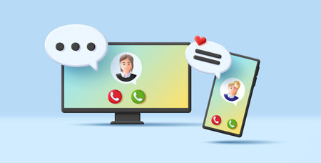 Video call 3d render illustration with computer screen interface and smartphone with avatar and speech bubblesのイラスト素材