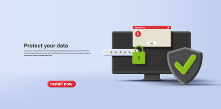 3D Vector Conceptual Illustration data protection with pc computer and password with lock and shield, digital securityのイラスト素材