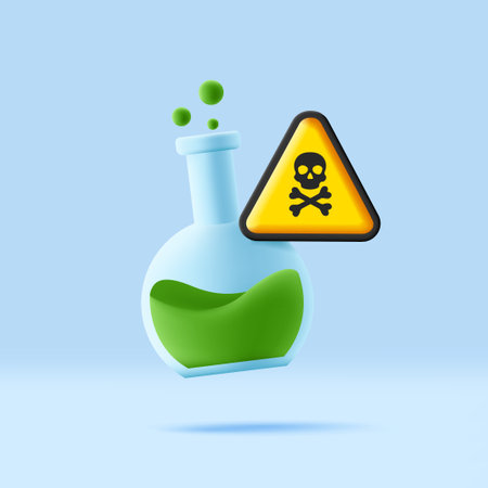 Glass beaker with a poisonous green liquid. 3d icon with skull and bones warning signのイラスト素材
